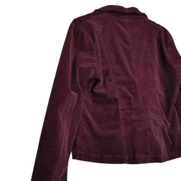 SASHIMI Women's Corduroy Blazer Jacket L Burgundy Ruffle Trimmed Pockets Y2K - Picture 2 of 10